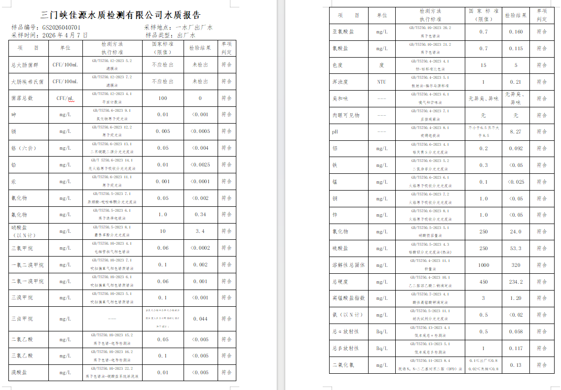 三門,峽市,供水,集團,有限,公司,出廠,水水, . 三門峽市供水集團有限公司出廠水水質(zhì)信息（2026年04月）